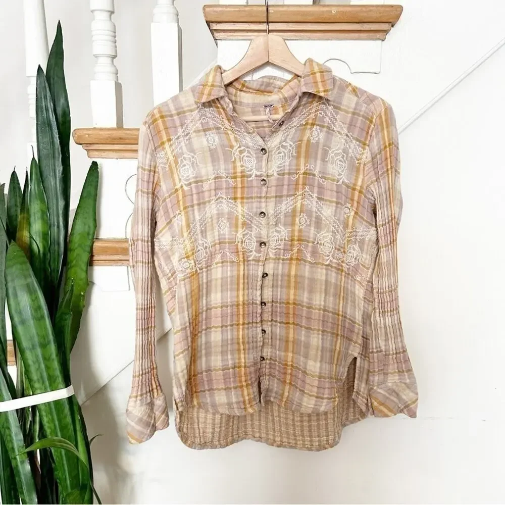 Free People Magic Plaid Button Down Long Sleeve Embroidered Shirt Top Size XS